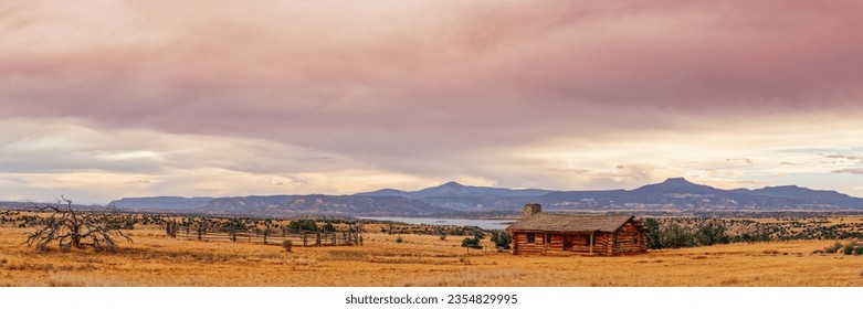 Panorama of Curly's Cabin at Ghost Ranch in Abiquiu with Cerro Pedernal as background - New Mexico