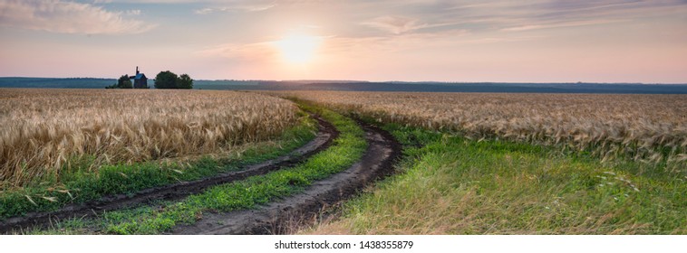 Panorama Of The Curve Dirt Road Through The Ripe Wheat Field And The Old Wooden Wind Mill Background And Beautiful Sunset