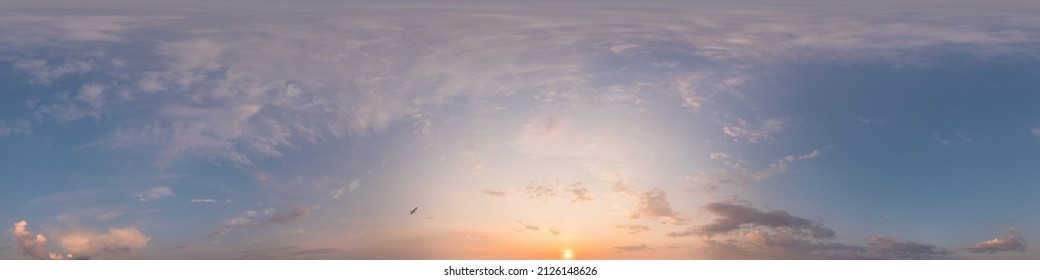 Panorama of a dark blue evening sky with pink Cirrus clouds. Seamless hdr 360 panorama in spherical equiangular format. Full zenith for 3D visualization, sky replacement for aerial drone panoramas.