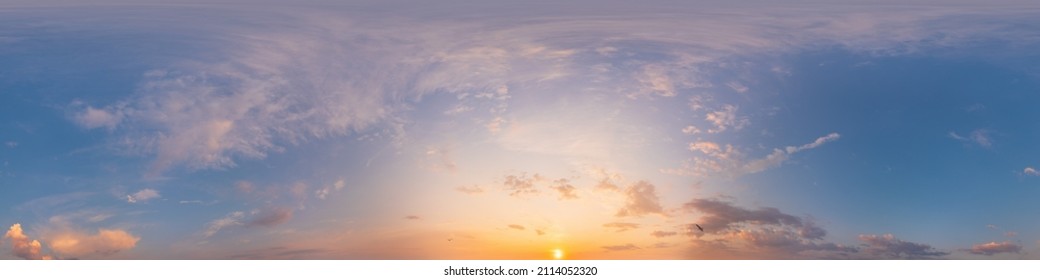 Panorama of a dark blue sunset sky with pink Cirrus clouds. Seamless hdr 360 panorama in spherical equiangular format. Full zenith for 3D visualization, sky replacement for aerial drone panoramas.