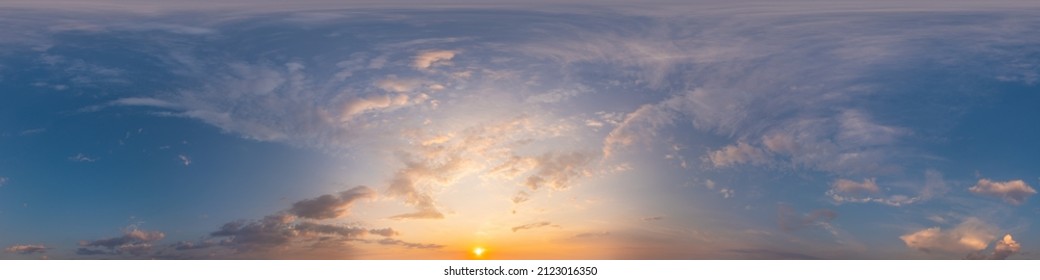 Panorama of a dark blue sunset sky with pink Cirrus clouds. Seamless hdr 360 panorama in spherical equiangular format. Full zenith for 3D visualization, sky replacement for aerial drone panoramas. - Shutterstock ID 2123016350
