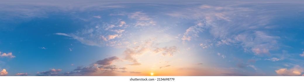 Panorama of a dark blue sunset sky with pink Cirrus clouds. Seamless hdr 360 panorama in spherical equiangular format. Full zenith for 3D visualization, sky replacement for aerial drone panoramas. - Shutterstock ID 2134698779