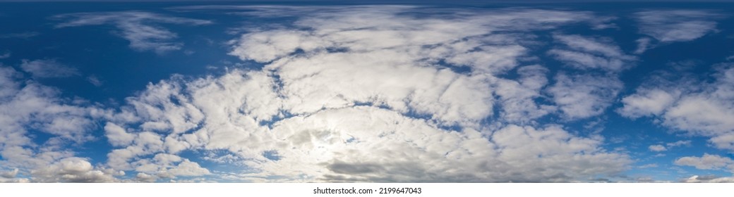 Panorama of a dark blue sunset sky with golden Cumulus clouds. Seamless hdr 360 panorama in spherical equiangular format. Full zenith for 3D visualization, sky replacement for aerial drone panoramas. - Shutterstock ID 2199647043