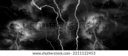 Panorama Dark cloud at evening sky with thunder bolt. Heavy storm bringing thunder, lightnings and rain in summer.