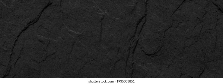 Panorama Of Dark Grey Black Slate Background Or Texture. Black Granite Slabs Background