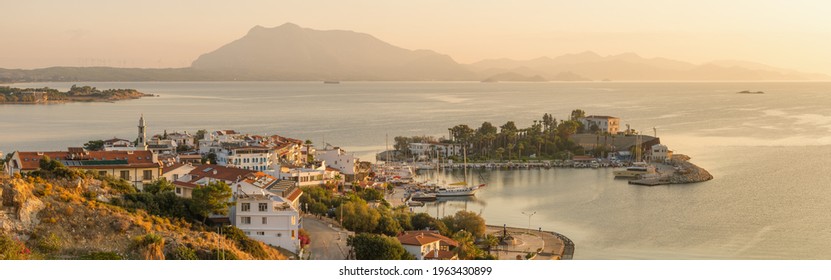 Panorama of the Datca harbour at sunrise, Mugla province, Turkey. Datca is popular tourist destination in Turkey