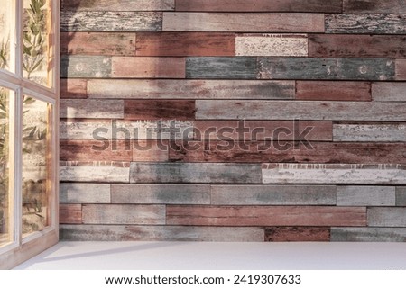 Panorama de fond d'un mur en planches en bois avec une fenêtre pour création d'arrière plan. Jeu d'ombre et de lumière du soleil à travers une fenêtre avec des branches d'oliviers.	 [[stock_photo]] © 