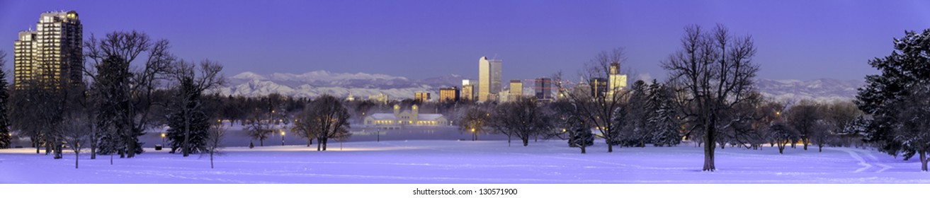 Panorama Of Denver Colorado Skyline At Sunrise, Day After Winter Snow Storm From City Park And Denver Museum Of Science And Nature