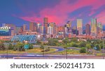 Panorama of Denver skyline long exposure at twilight.