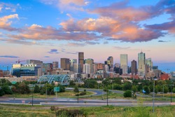 Panorama Of Denver Skyline Long Exposure At Twilight.