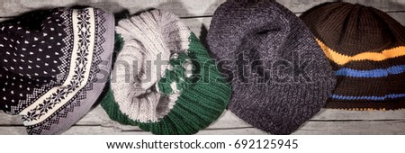 Panorama, different wool caps, handwork, selfmade handiwork