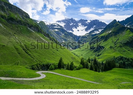 Similar – Image, Stock Photo Alpine panorama a path leads into the green nature past meadows and pastures. In the Allgäu the cows still graze on the pasture.