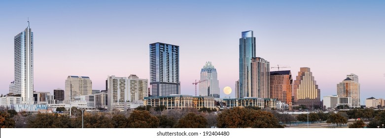 Panorama of Downtown Austin With Full Moon