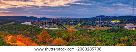 Panorama of Downtown Austin Skyline Pennybacker Bridge and Fall Colors - Texas Hill Country