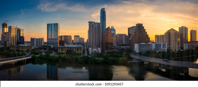 Panorama of Downtown Austin, Texas at sunrise.