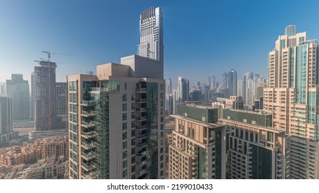 Panorama Of Downtown Dubai City Aerial Timelapse. Urban Skyline With Modern Skyscrapers And Towers Construction Site From Above