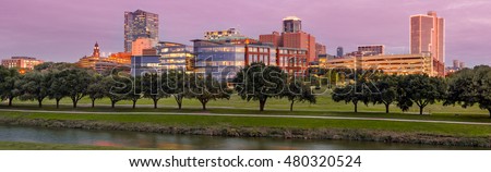 Panorama of Downtown Fort Worth and Trinity River at Twilight - DFW North Texas