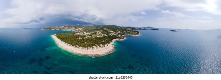 Panorama Drone Shot Croatia coast line. Campsite. High quality photo
