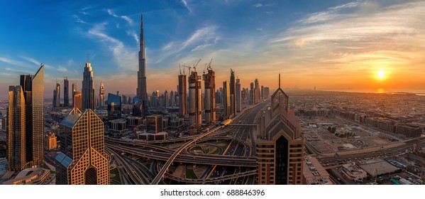 Panorama of Dubai Downtown at sunrise