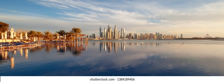 Panorama of the Dubai Marina Skyline at sunset, United Arabian Emirates