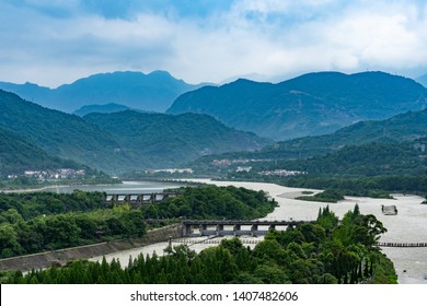 Panorama of the Dujiang Dam , an ancient irrigation system in Dujiangyan City, Sichuan, China
