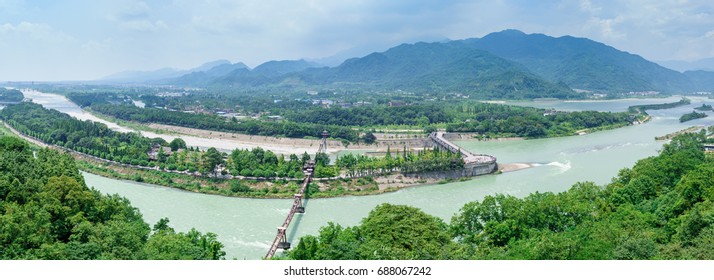 Panorama of Dujiangyan , an ancient irrigation system in Dujiangyan City, Sichuan, China.