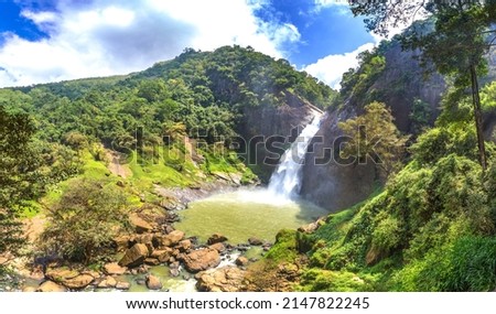 Panorama of  Dunhinda waterfall in a sunny day in Sri Lanka