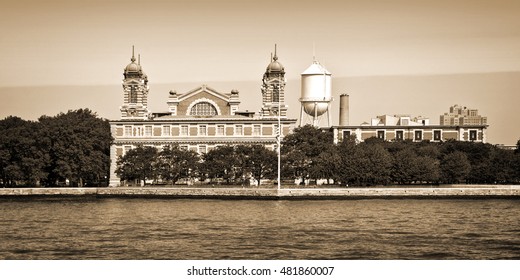 Panorama Of Ellis Island In New York City, Vintage Sepia Process