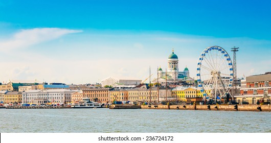 Panorama Of Embankment In Helsinki At Summer Sunset Evening, Sunrise Morning, Finland. Cityscape View From Sea - Powered by Shutterstock