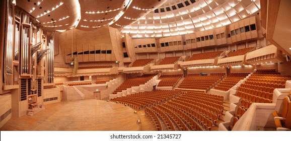 Panorama Of Empty Concert Hall With Organ