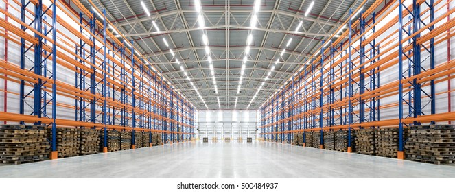 Panorama Of An Empty Huge Distribution Warehouse With High Shelves And Pallet