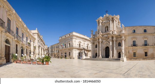 Panorama of an empty Piazza Duomo and of the Cathedral of Syracuse, Sicily, Italy