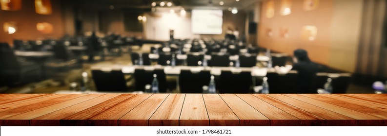 Panorama Empty Wood Counter Table Top On Blur Adult Study In Classroom White Light Background For Back To School Product Education Learning Auditorium Hall Centre, Abstract Blurry Wooden Desk Scene.