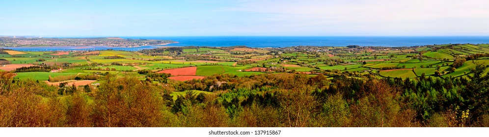 Panorama of the Exe estuary and surrounding countryside viewed from Haldon Hill in South Devon England