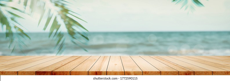 Panorama Exterior Clean Floor Wood Board Table Top Green Coconut Tree Patio Water Beach Wall Background Product Panoramic Display, Backdrop  Sand Tabletop Surface Perspective House Tropical Backyard.