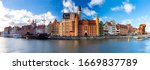 Panorama of the facades of old medieval houses on the promenade in Gdansk. Poland.