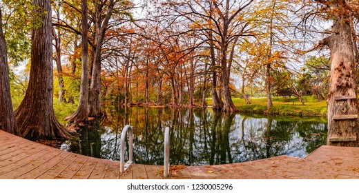 Panorama Of Fall Scene At Blue Hole Regional Park - Wimberley Hays County Texas Hill Country