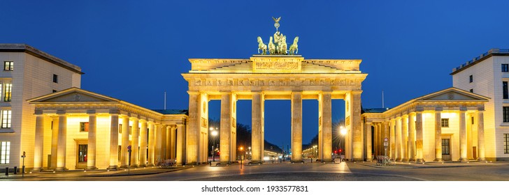 Panorama of the famous Brandenburg Gate in Berlin at night