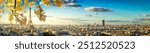 panorama of famous Eiffel Tower and Paris roofs, Paris France, at fall day, web banner format