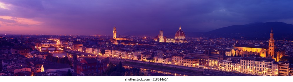 Panorama of famous Florence city and river Arno after sunset with night illumination, Tuscany, Italy, Europe. Travel outdoor sightseeing background. - Shutterstock ID 519614614
