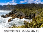 panorama of famous pancake rocks and blowholes track in paparoa national park, west coast of new zealand south island