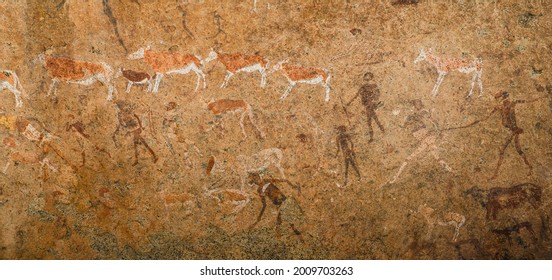 Panorama of famous prehistoric cave painting known as the White Lady of Brandberg dating back at least 2000 years and located at the foot of Brandberg Mountain in Damaraland, Namibia, Africa.
