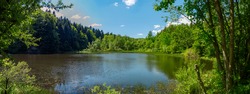 Panorama Of Forest Lake. Lake Among The Forest On A Sunny Summer Day. Panorama Of A Lake In The Woods. Panorama Of A Wild Lake With A Solid Forest On The Shores.