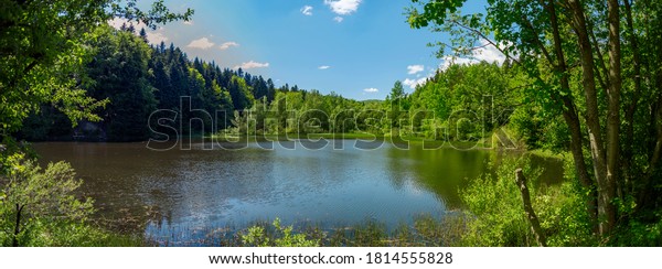 Panorama of forest lake. Lake\
among the forest on a sunny summer day. Panorama of a lake in the\
woods. Panorama of a wild lake with a solid forest on the\
shores.
