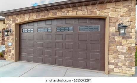 Panorama Frame Large Closed Double Wooden Garage Door Day Light