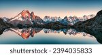 Panorama French Alps landscape of Lac Blanc with Mont Blanc mountain range reflected on lake in the sunset at Haute Savoie, Chamonix, France
