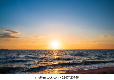 Panorama front viewpoint landscape travel summer sea wind wave cool on holiday calm coastal big sun set sky light orange golden Nature tropical Beautiful evening hour day At Bang san Beach Thailand. - Shutterstock ID 2247423749