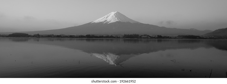 Panorama of Fuji mountain  reflect on Kawaguchiko lake. Black and white filter.