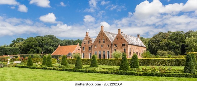 Panorama of the garden at the Menkemaborg mansion in Groningen, Netherlands