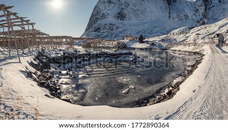 Similar – Image, Stock Photo Reinevagen-gulf + Reinehalsen-isthmus + Reinebringen-mount. 0341